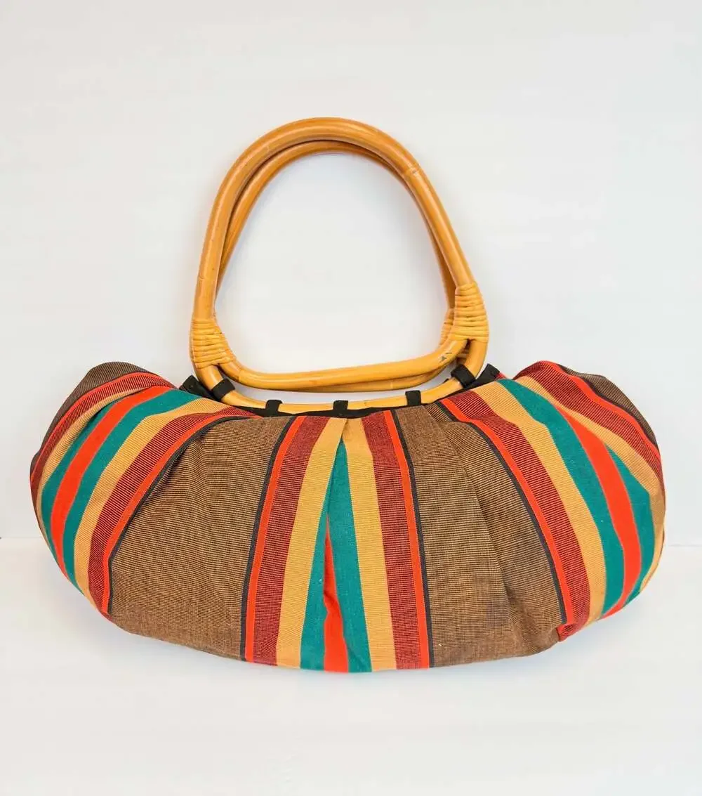 Putu By J. Maclear Bohemian Striped Fabric Hobo Bag with Rattan Handles